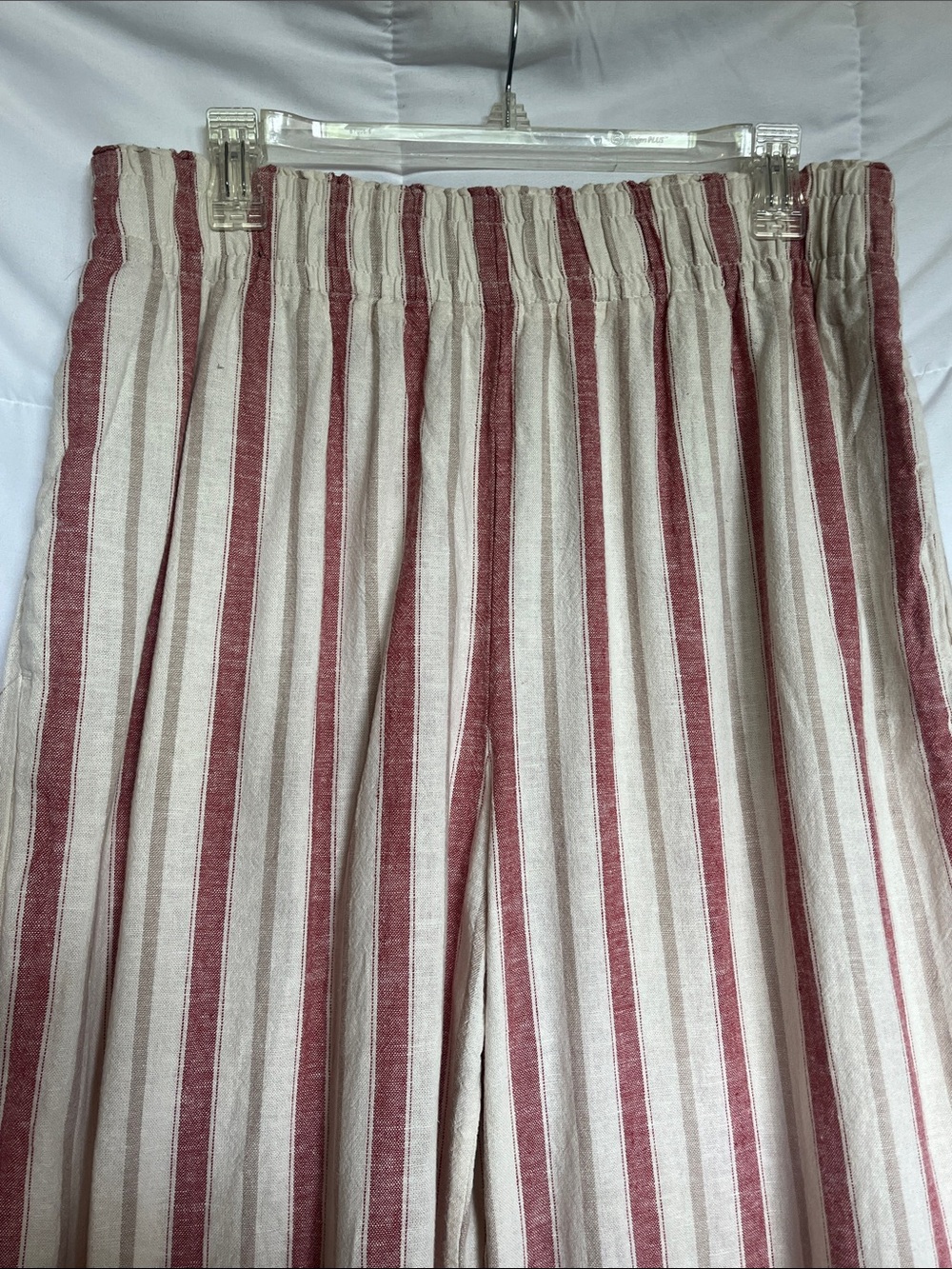 C&C California Linen L Cream Mauve Tan Striped Cropped Pants Elastic Waist - Picture 2 of 7
